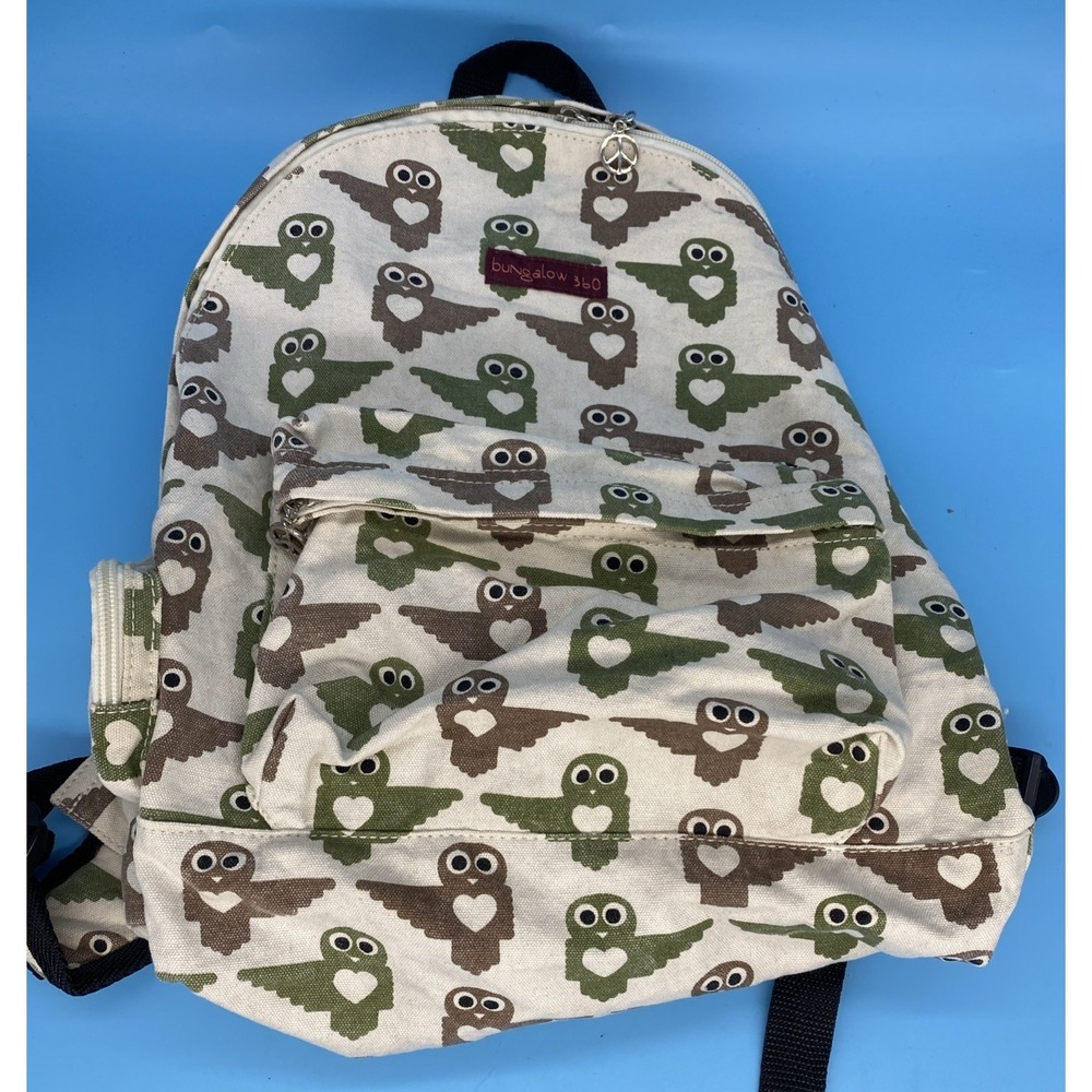 Bungalow 360 Owl Camo Full Size Backpack Canvas Vegan Peace Sign Zipper Rare